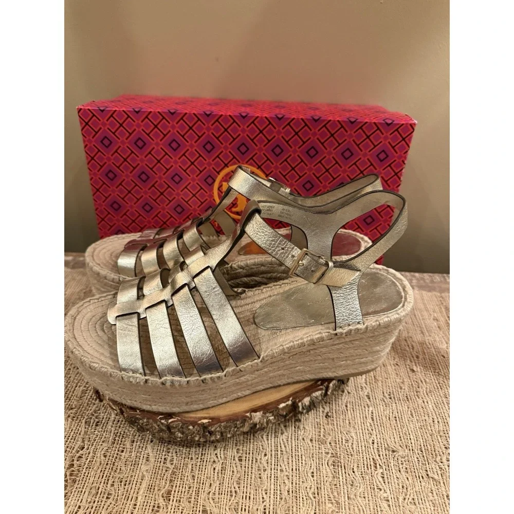 Tory Burch Fisherman Espadrille Platform Wedge Sandal in Spark Gold Sz-9 Boho